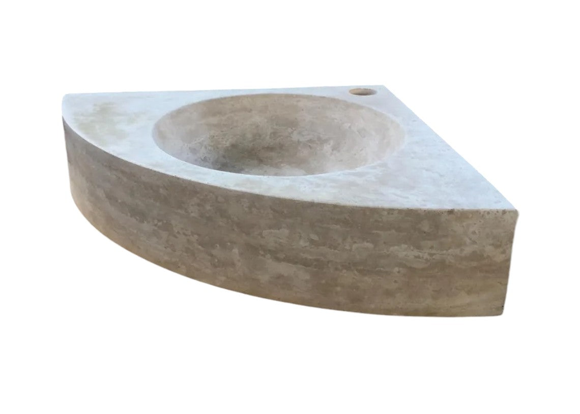 Light Beige Travertine Handcrafted Vessel Corner Sink Wall Mount 15.7 x 15.7