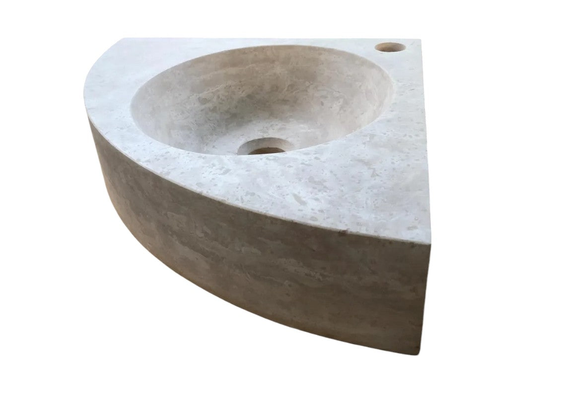 Light Beige Travertine Handcrafted Vessel Corner Sink Wall Mount 15.7 x 15.7