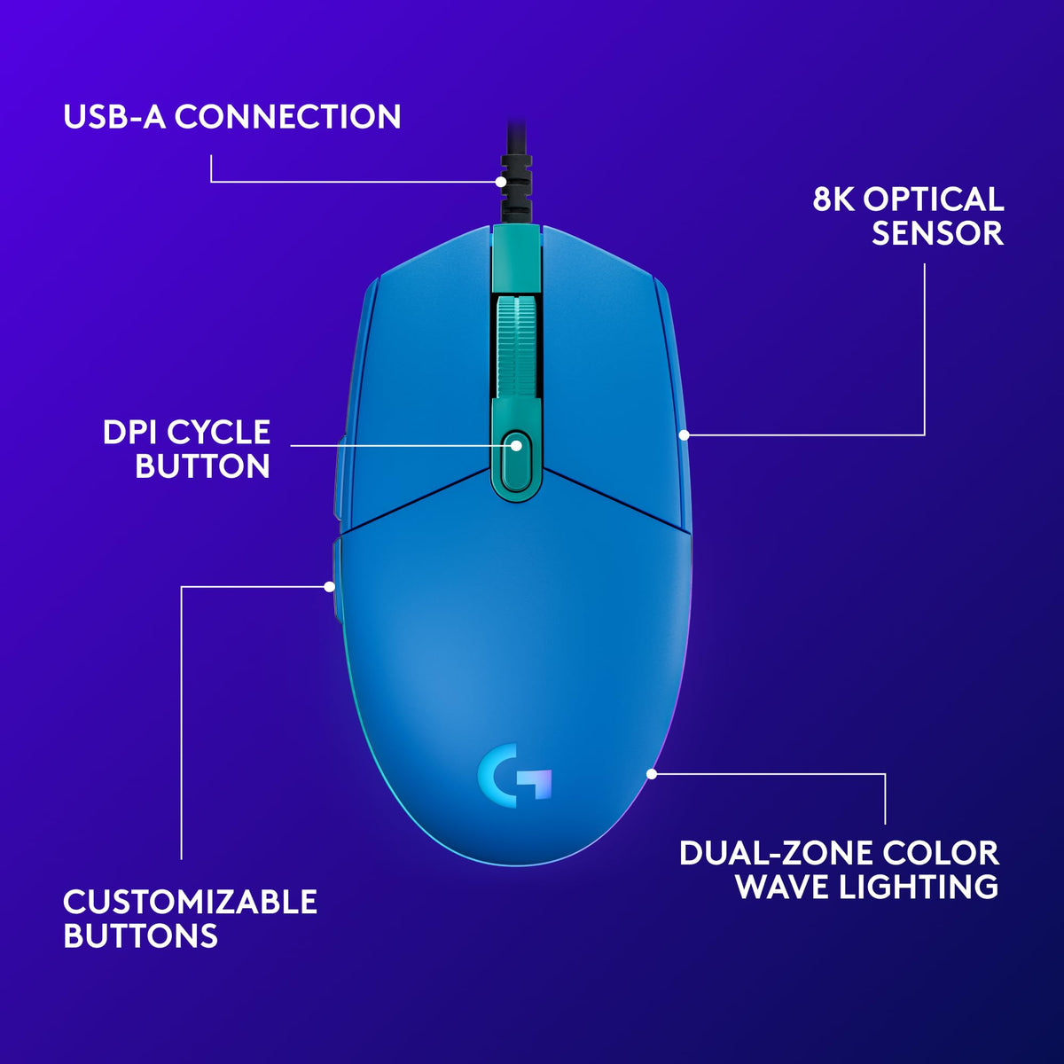 Logitech G203 Wired Gaming Mouse, 8,000 DPI, Rainbow Optical Effect LIGHTSYNC RGB, 6 Programmable Buttons, On-Board Memory, Screen Mapping, PC/Mac Computer and Laptop Compatible - Black