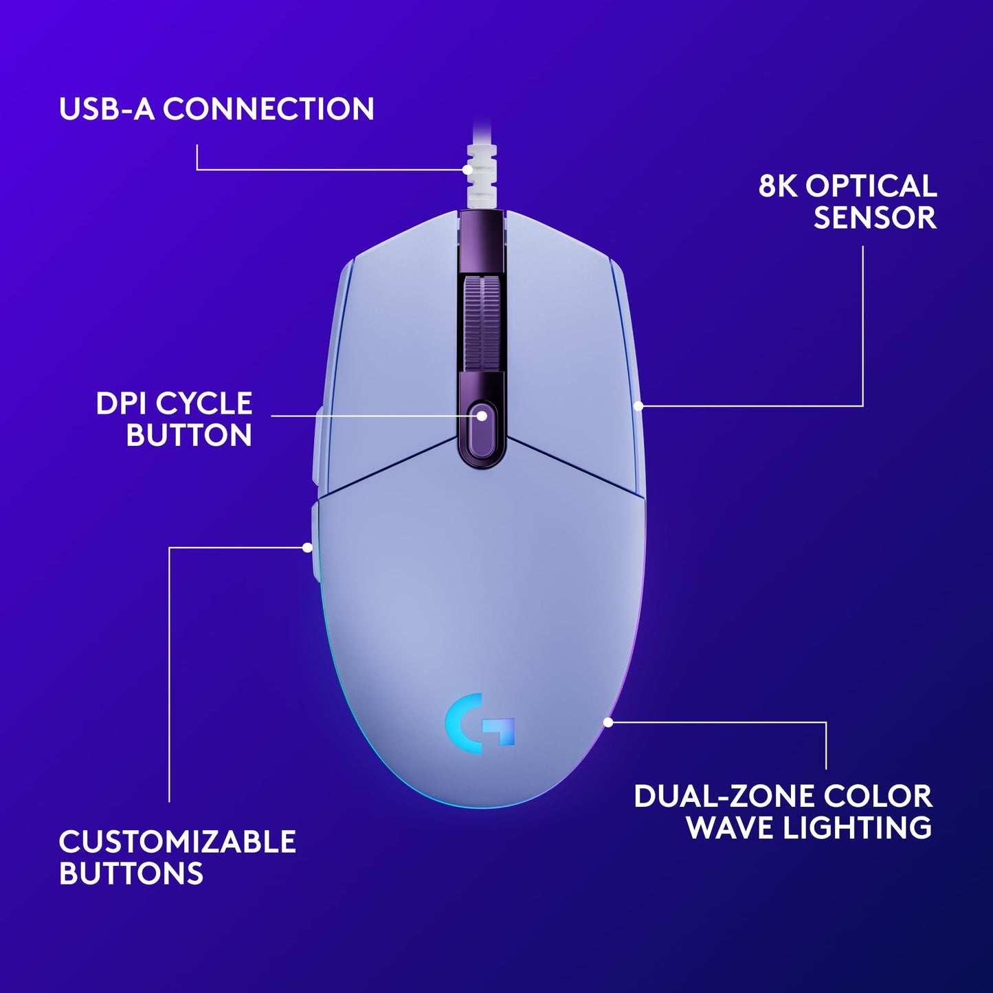 Logitech G203 Wired Gaming Mouse, 8,000 DPI, Rainbow Optical Effect LIGHTSYNC RGB, 6 Programmable Buttons, On-Board Memory, Screen Mapping, PC/Mac Computer and Laptop Compatible - Black