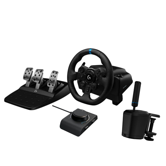 Logitech G923 Racing Wheel and Pedals, TRUEFORCE up to 1000 Hz Force Feedback, Gaming Steering Wheel PS5, PS4, PC, Mac, Genuine Leather- Black