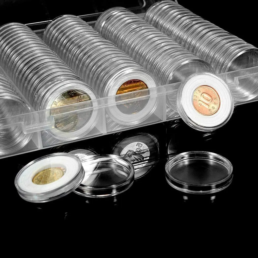 100 Pieces Case Holder for Collectors 30mm Silver Gold Bar Plastic Rounds Coins Capsules Covers with Storage Organizer Box for Copper Pesos Quarters Pennies Dimes Collection Supplies