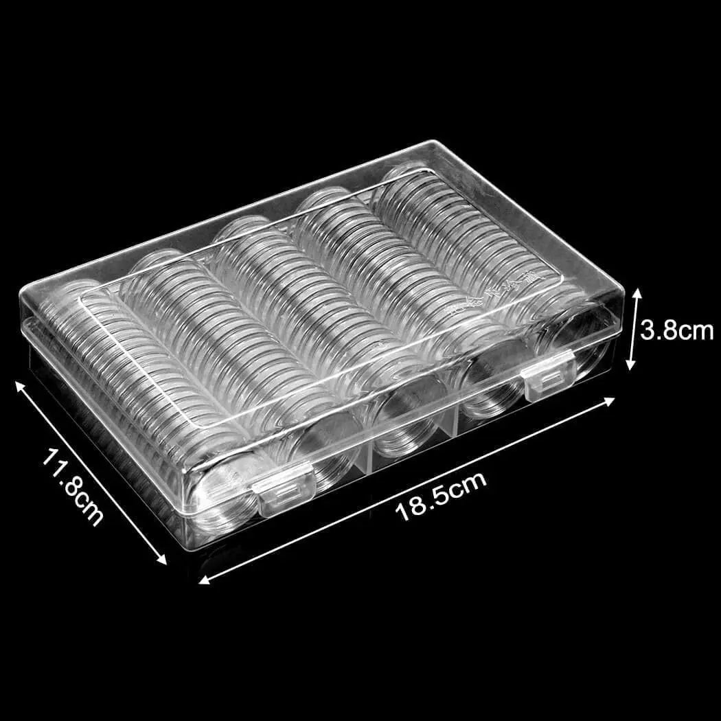 100 Pieces Case Holder for Collectors 30mm Silver Gold Bar Plastic Rounds Coins Capsules Covers with Storage Organizer Box for Copper Pesos Quarters Pennies Dimes Collection Supplies