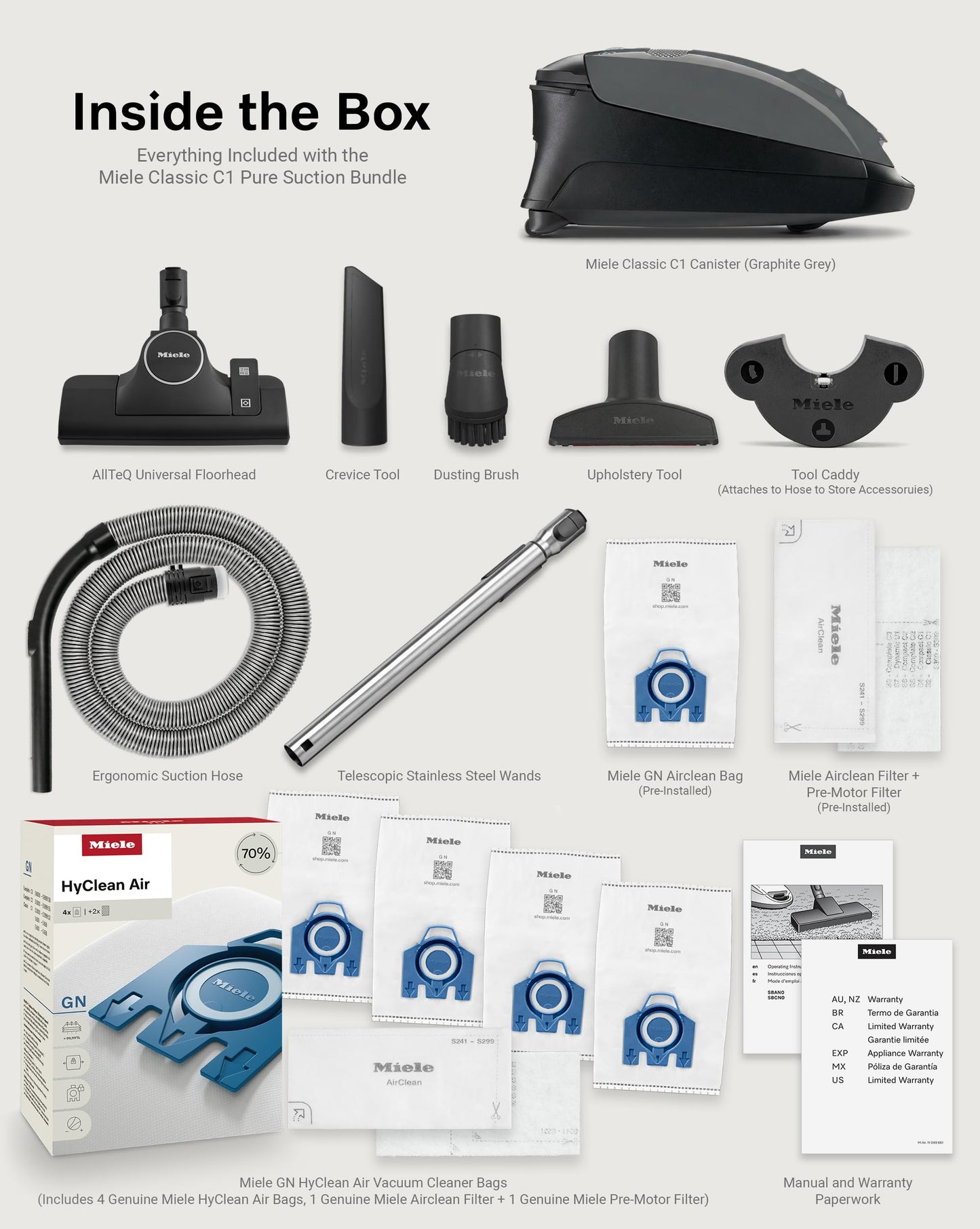 Miele Classic C1 Pure Suction Bagged Canister Vacuum, Graphite Grey - Portable, Household