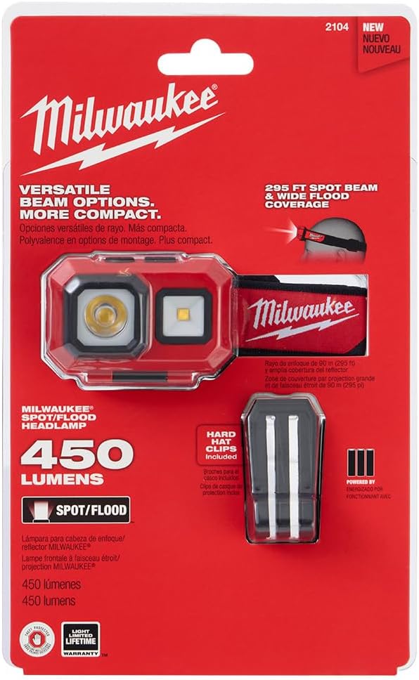 Milwaukee 2104 Spot Flood 450 Lumens Adjustable Hard Hat Headlamp Light