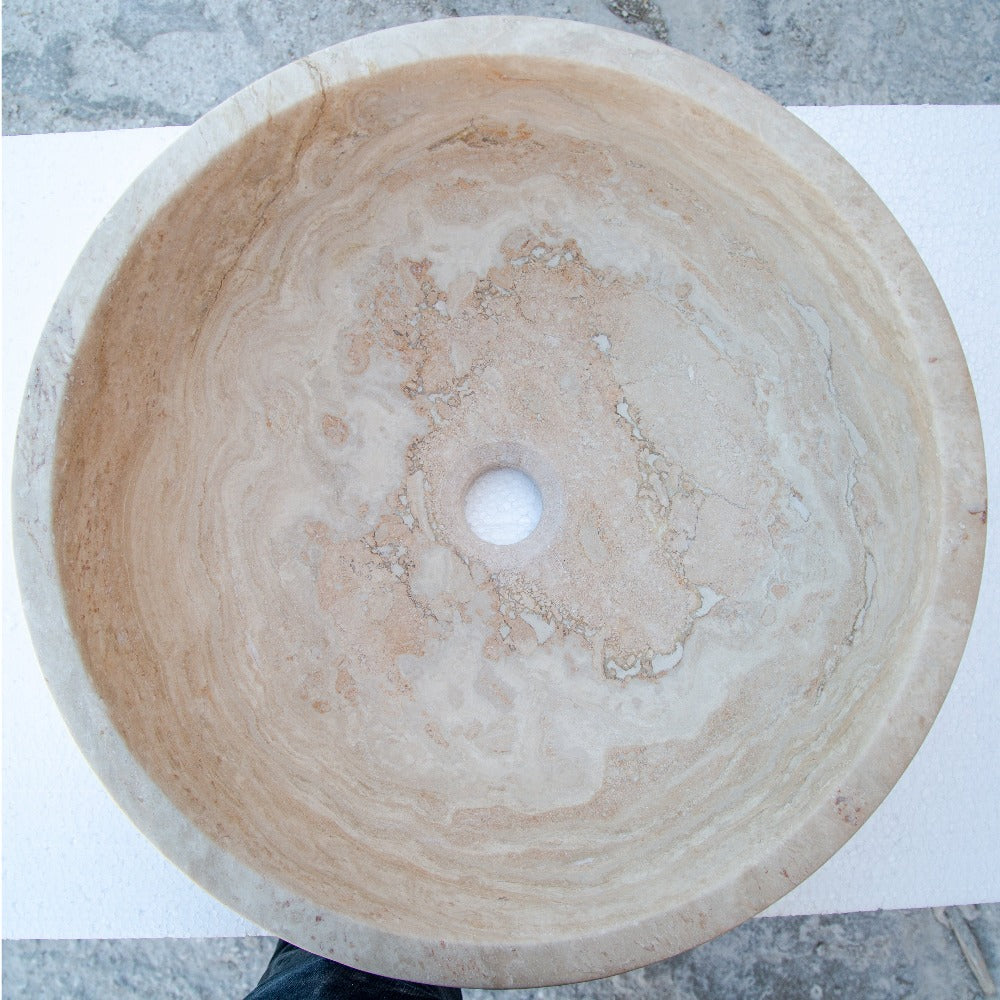 Beige Travertine Natural Stone Round Vessel Sink Honed and Filled 18 Inch Diameter