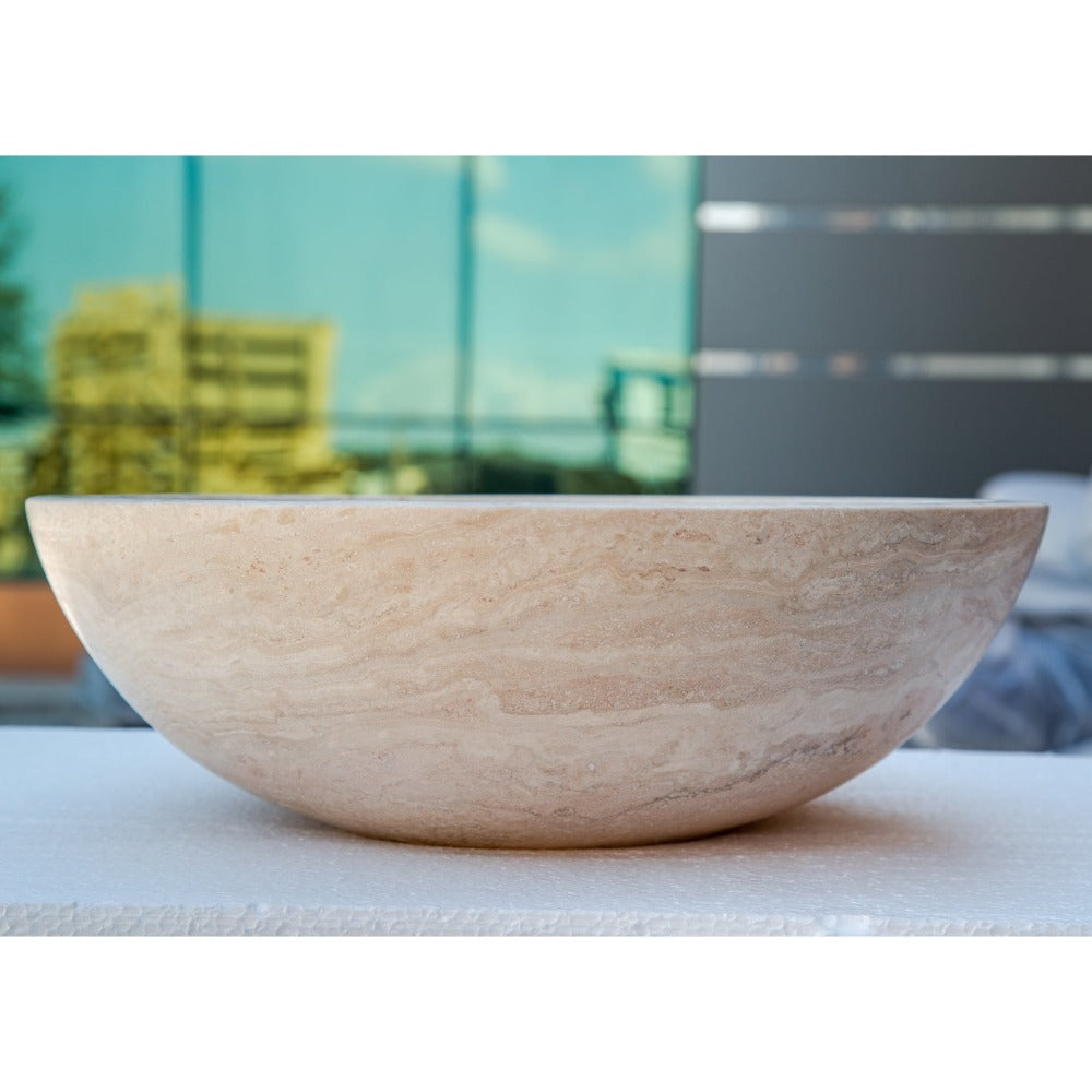 Beige Travertine Natural Stone Round Vessel Sink Honed and Filled 18 Inch Diameter