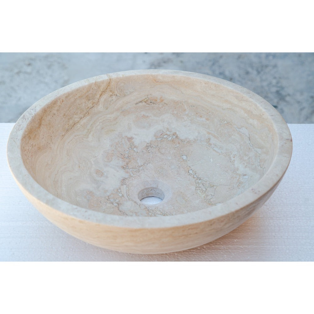 Beige Travertine Natural Stone Round Vessel Sink Honed and Filled 18 Inch Diameter