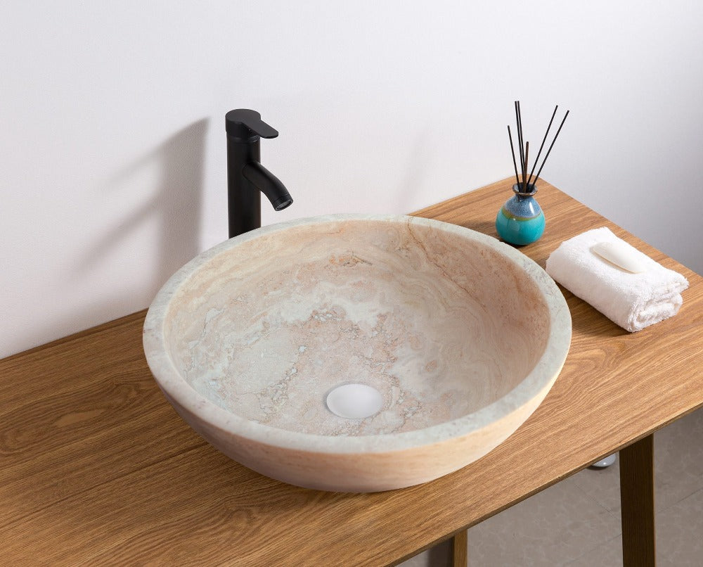 Beige Travertine Natural Stone Round Vessel Sink Honed and Filled 18 Inch Diameter