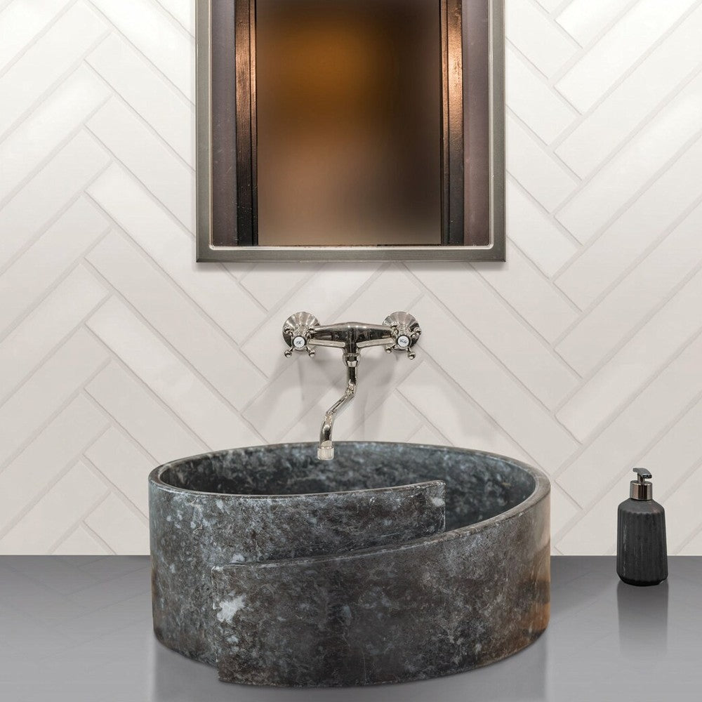 Black Marble Natural Stone Round Vessel Sink Handcrafted 16 Inch Diameter 6 Inch