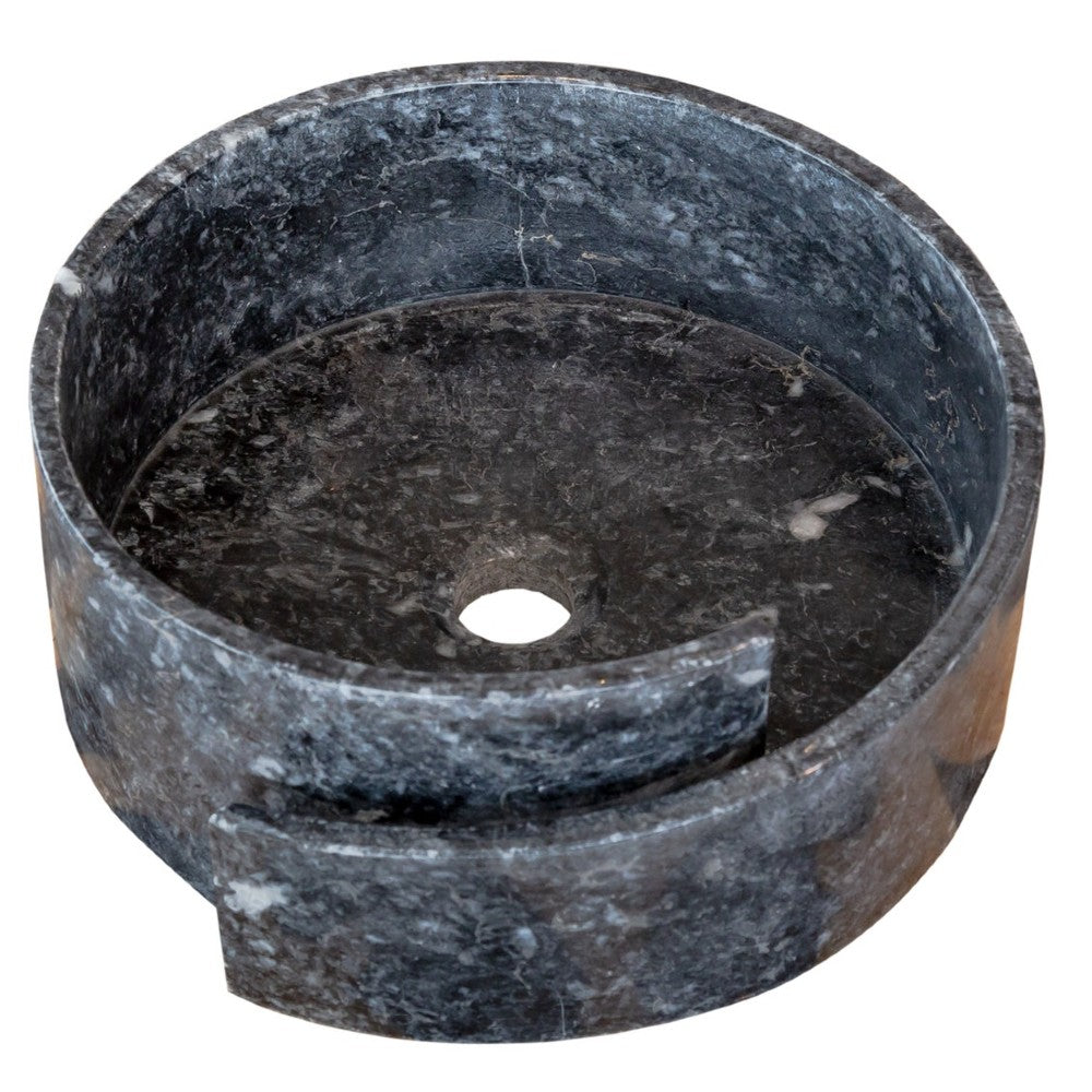 Black Marble Natural Stone Round Vessel Sink Handcrafted 16 Inch Diameter 6 Inch
