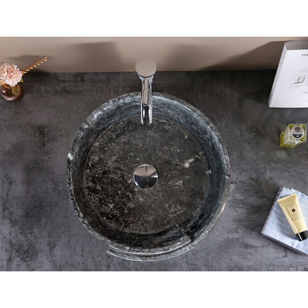 Black Marble Natural Stone Round Vessel Sink Handcrafted 16 Inch Diameter 6 Inch