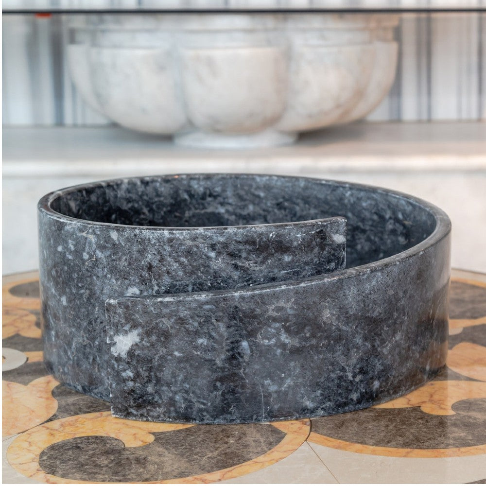 Black Marble Natural Stone Round Vessel Sink Handcrafted 16 Inch Diameter 6 Inch