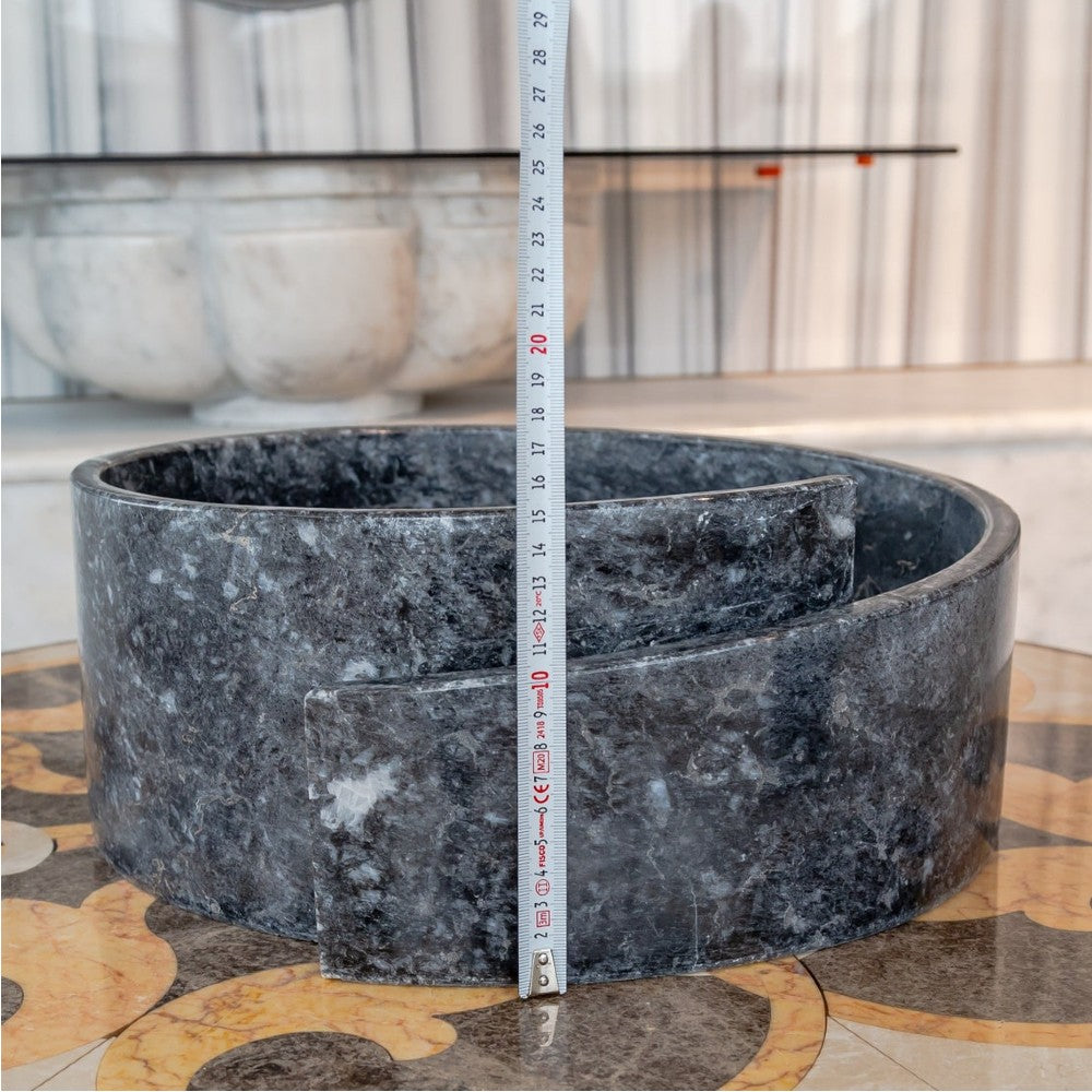 Black Marble Natural Stone Round Vessel Sink Handcrafted 16 Inch Diameter 6 Inch