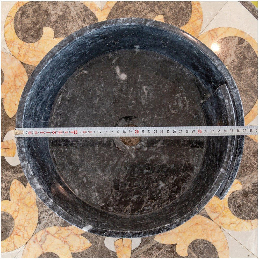 Black Marble Natural Stone Round Vessel Sink Handcrafted 16 Inch Diameter 6 Inch