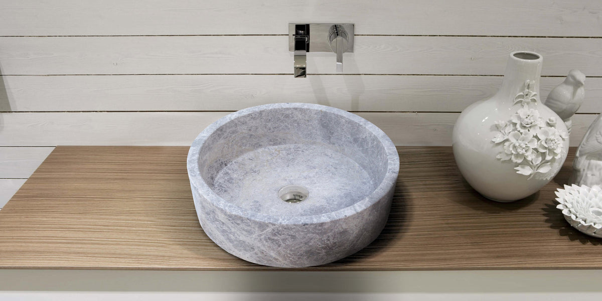 Natural Stone Tundra Grey Marble Round Vessel Sink Polished 16.5x6