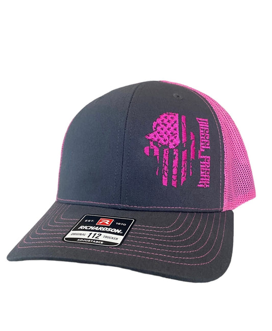 Neon Pink Flag Skully Snapback Hat