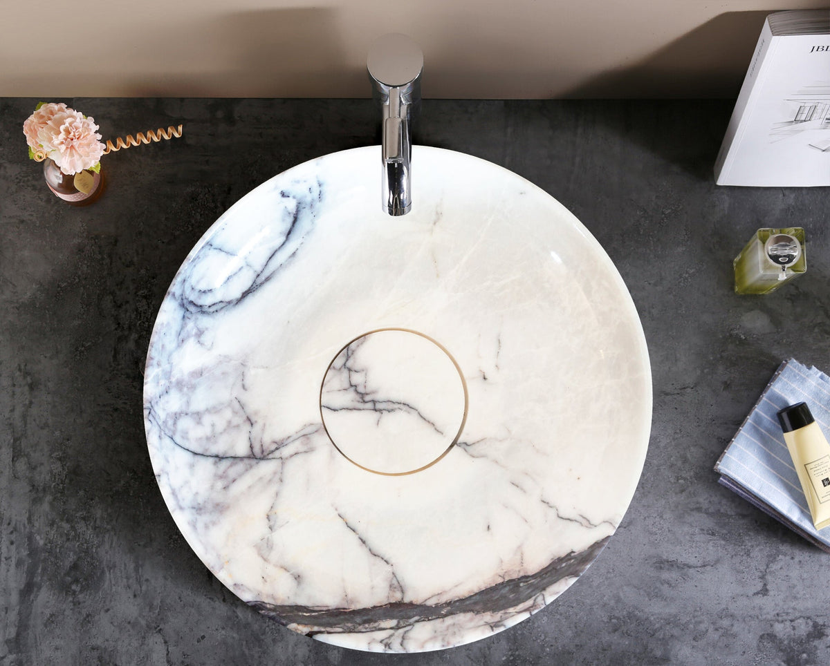 White Marble Natural Stone Handcrafted Vessel Sink Above Counter Polished 15.5x4.5
