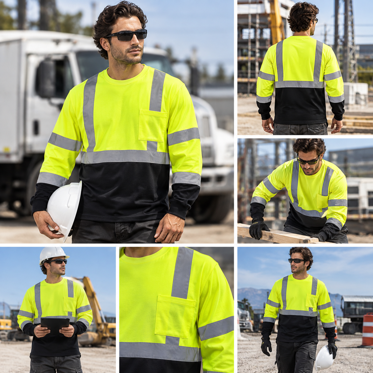 High Visibility Safety Color Block Long Sleeve T-Shirt with Front Pocket – Reflective Workwear for Enhanced Safety