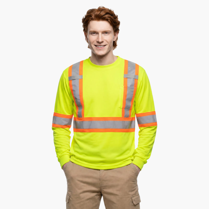 High Visibility Safety Long Sleeve T-Shirt with Front Pocket – Reflective Workwear for Maximum Safety