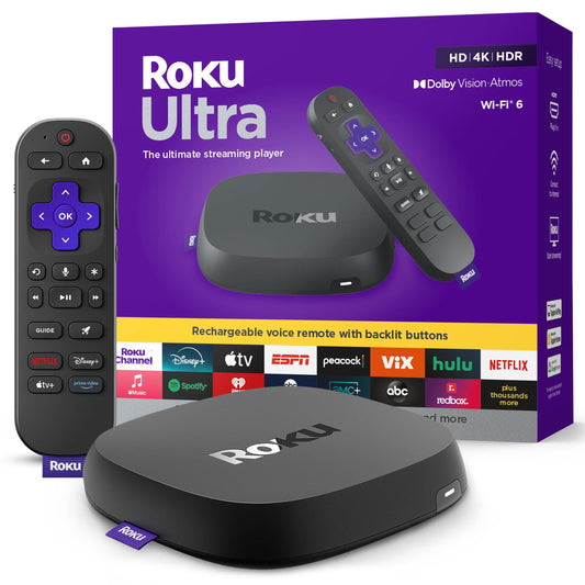 Roku Ultra - Ultimate Streaming Player - 4K Streaming Device for TV with HDR10+, Dolby Vision & Atmos - Bluetooth & Wi-Fi 6 - Rechargeable Voice Remote Pro with Backlit Buttons - Free & Live TV