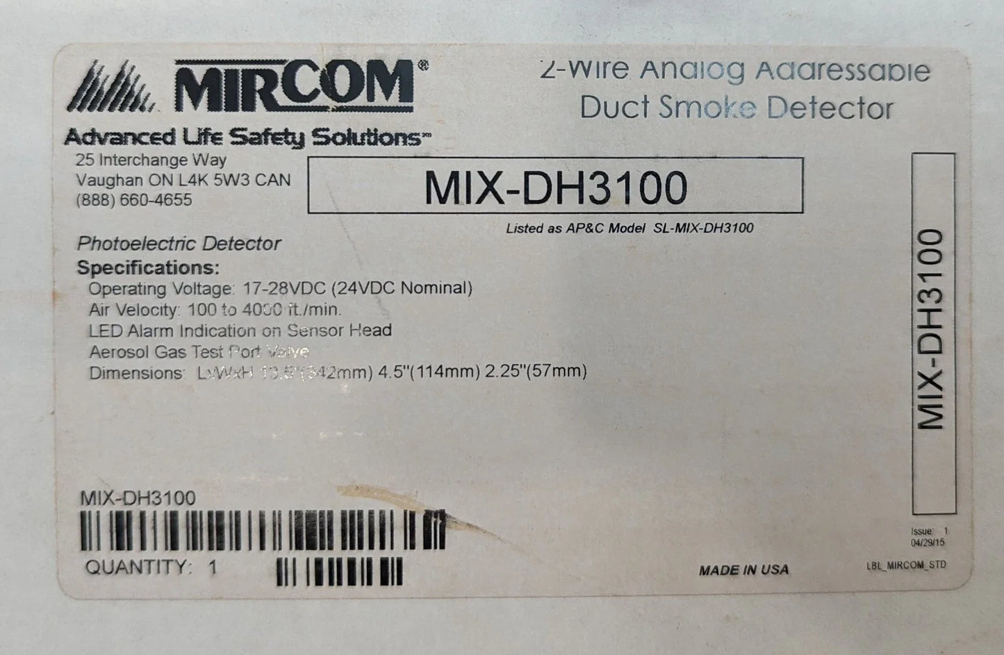 Mircom MIX-DH3100 Intelligent Addressable Duct Detector