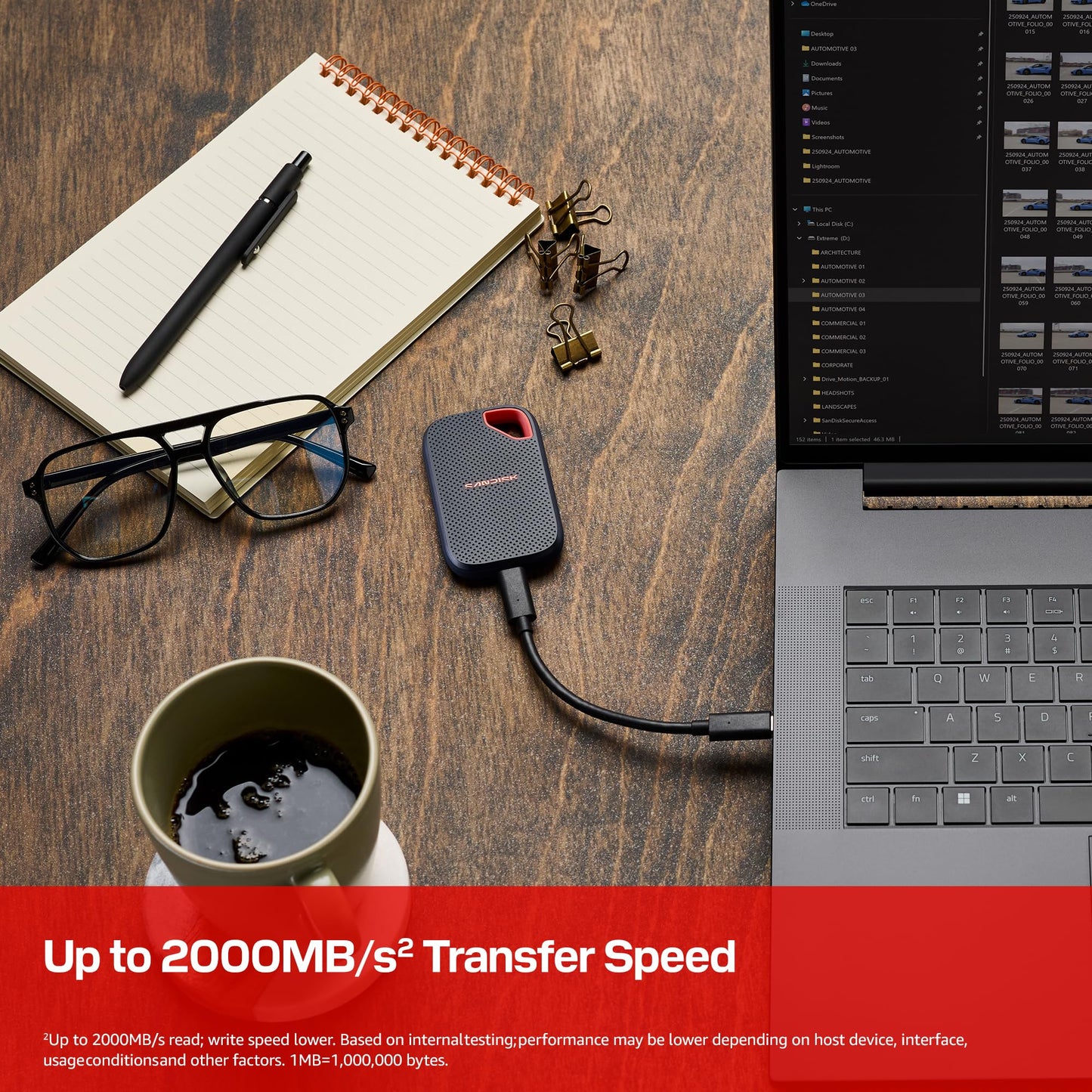 SANDISK 2TB Extreme Portable SSD (Old Model) - Up to 1050MB/s, USB-C, USB 3.2 Gen 2, IP65 Water and Dust Resistance, Updated Firmware - External Solid State Drive - SDSSDE61-2T00-G25