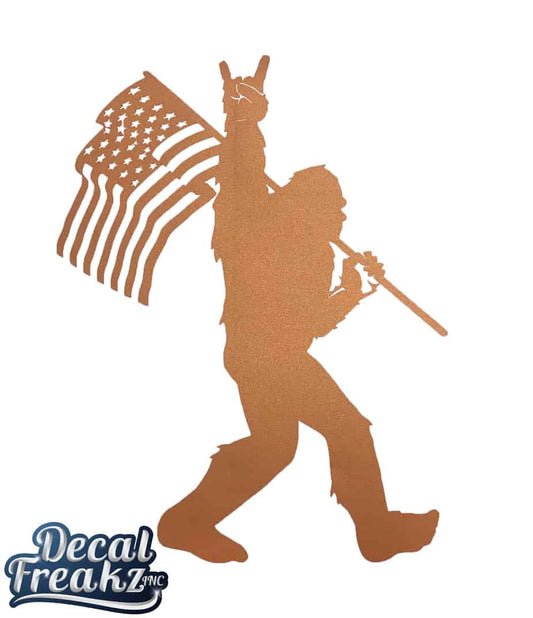 Sasquatch Rock On American Flag Bigfoot Decal - METALLIC ORANGE