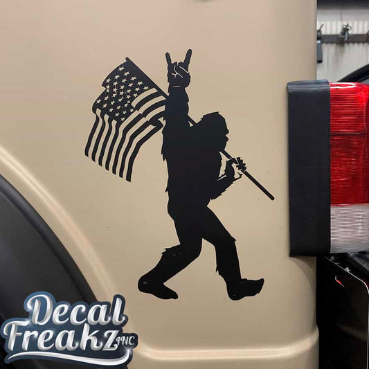Sasquatch Rock On American Flag Bigfoot Decal - SOLID BLACK