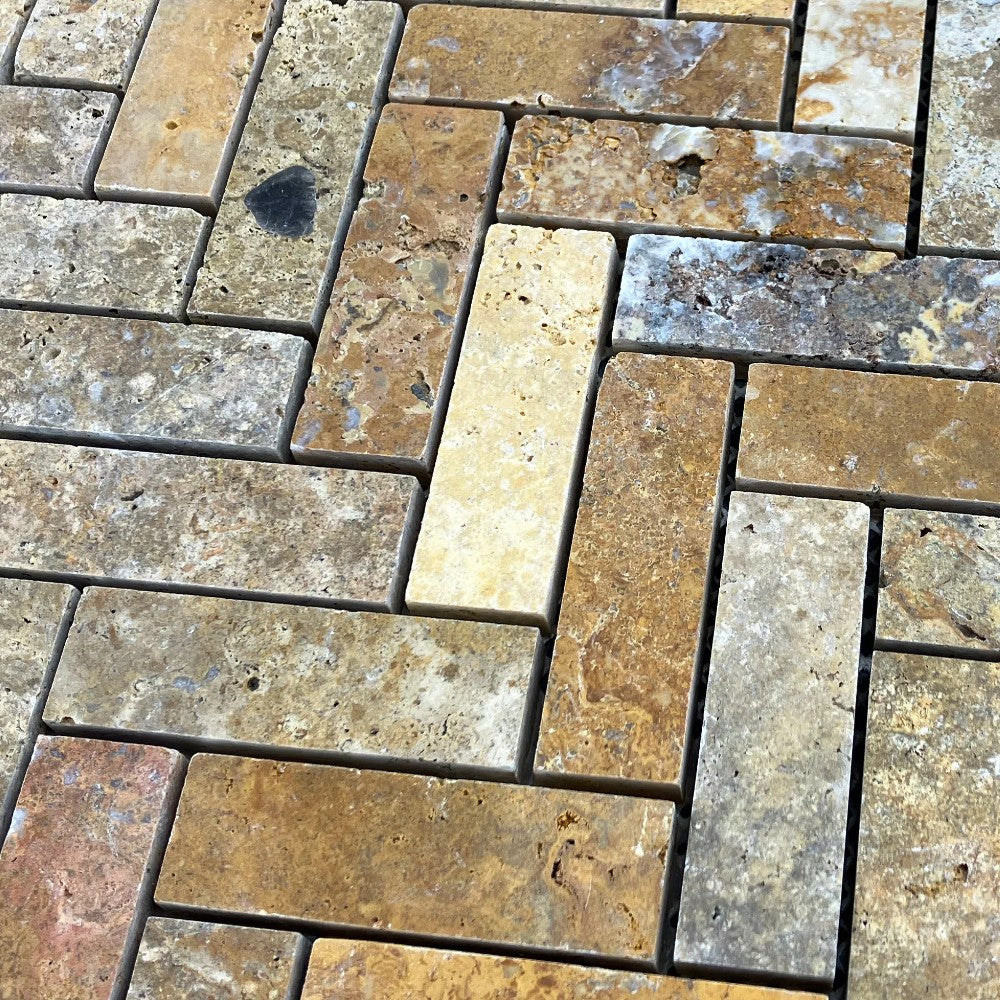 Scabos Travertine 1"x3" Herringbone on 12" x 12" Mesh Mosaic Tile