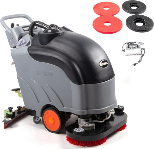 SUNMAX 28" Commercial Floor Scrubber Machine, 14.5-gal Tank, Dual Brushes and Sourcing Pads, Self-Propelled Floor Cleaner with Traction Drive