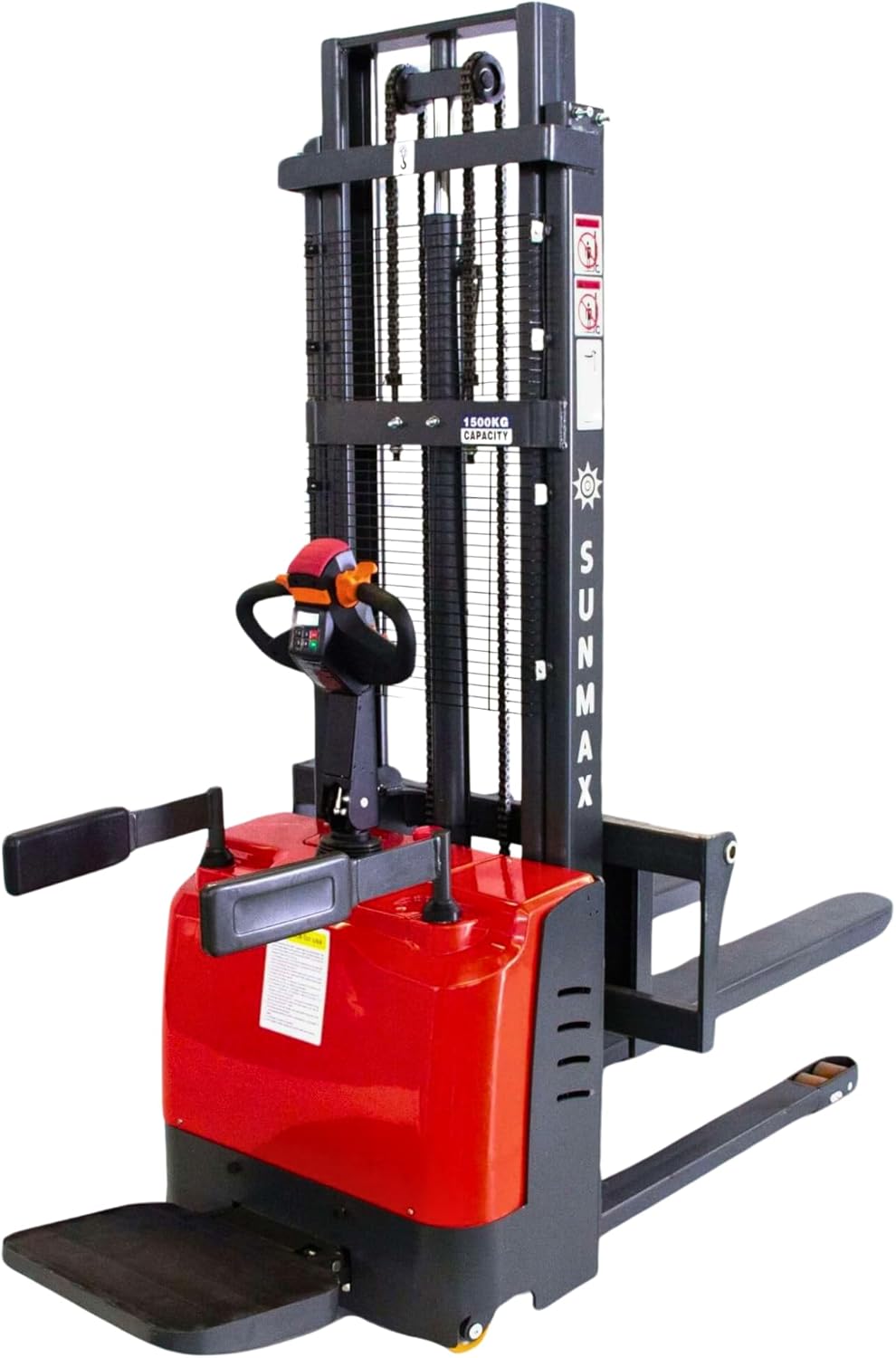 SUNMAX Full Electric Pallet Stacker, 3300 lb Capacity, 118" Lift Height, Powered Drive & Lift, Electromagnetic Brake, Walk-Behind Warehouse Stacker for Open-Bottom Pallets