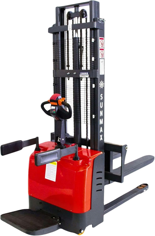 SUNMAX Full Electric Pallet Stacker, 3300 lb Capacity, 118" Lift Height, Powered Drive & Lift, Electromagnetic Brake, Walk-Behind Warehouse Stacker for Open-Bottom Pallets