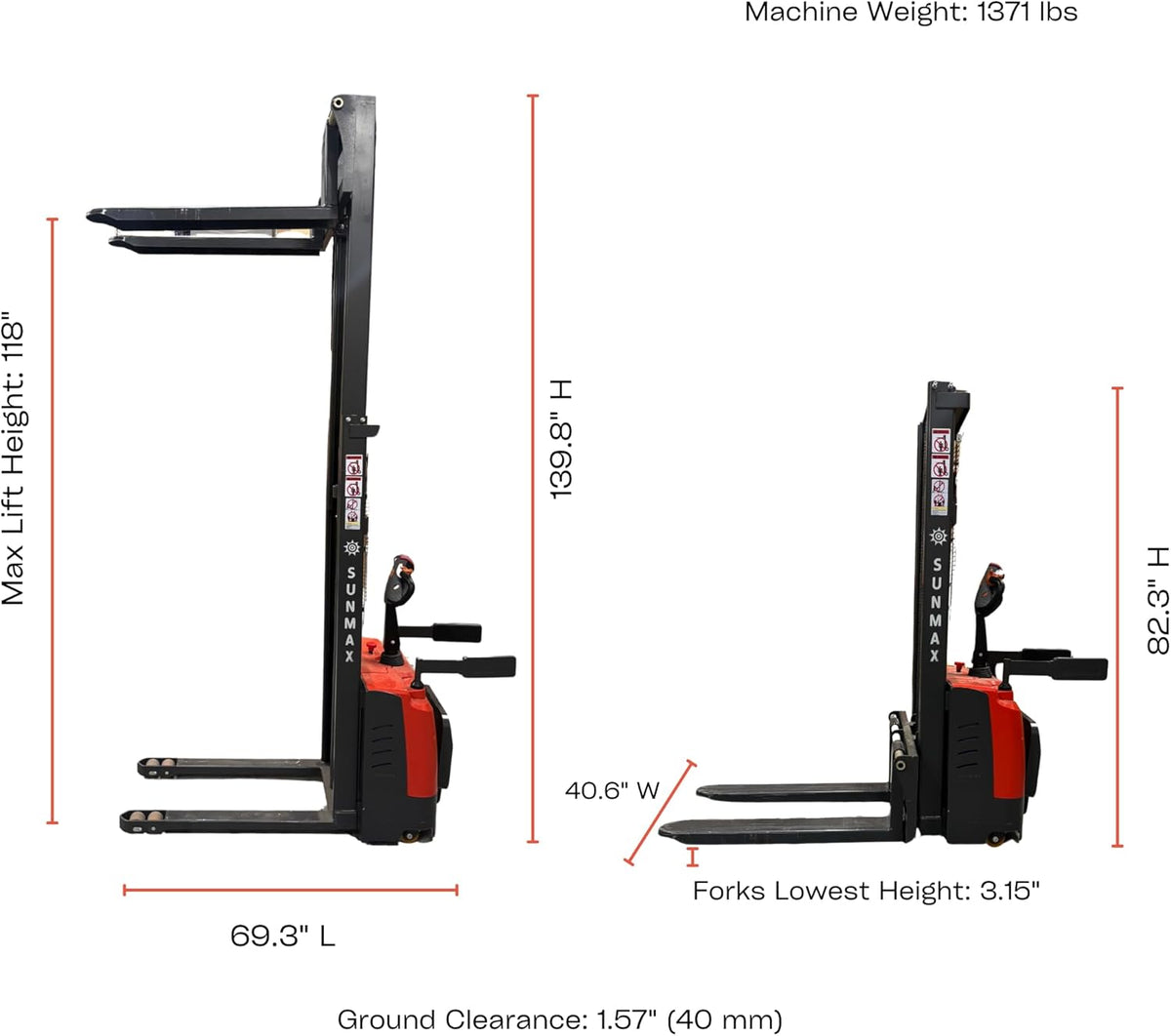 SUNMAX Full Electric Pallet Stacker, 3300 lb Capacity, 118" Lift Height, Powered Drive & Lift, Electromagnetic Brake, Walk-Behind Warehouse Stacker for Open-Bottom Pallets