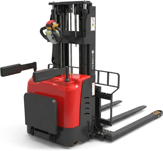 SUNMAX PS3300FEAS-3M Fully Electric Pallet Stacker, 3300 lb Capacity, 118" Lift Height, Walk-Behind Warehouse Stacker with Adjustable Straddle Legs