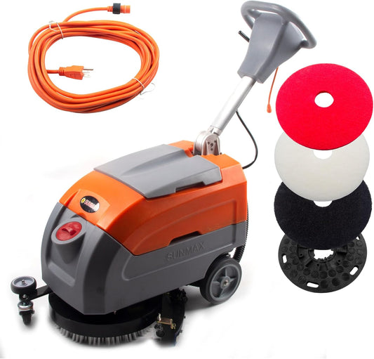 Sunmax RT35AC 17" Electric Walk-Behind Floor Scrubber, 7.9/9.2-Gal Dual Tank System, Orange/Gray, 26ft 110V Corded Commercial Floor Cleaning Machine