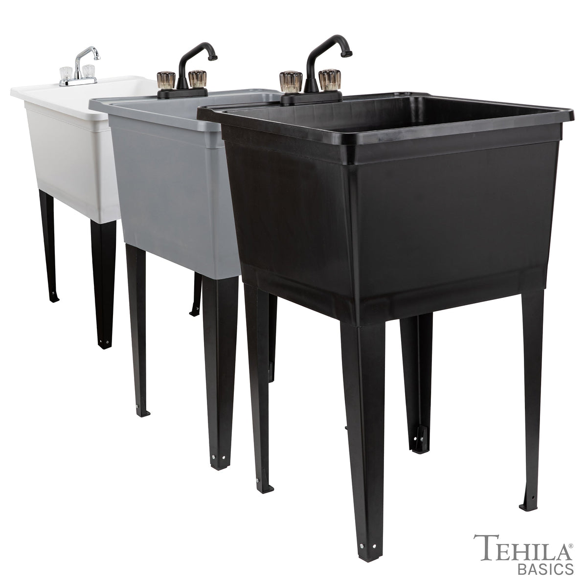 Tehila Basics Freestanding White Utility Sink with Chrome Finish Dual Handle Utility Faucet