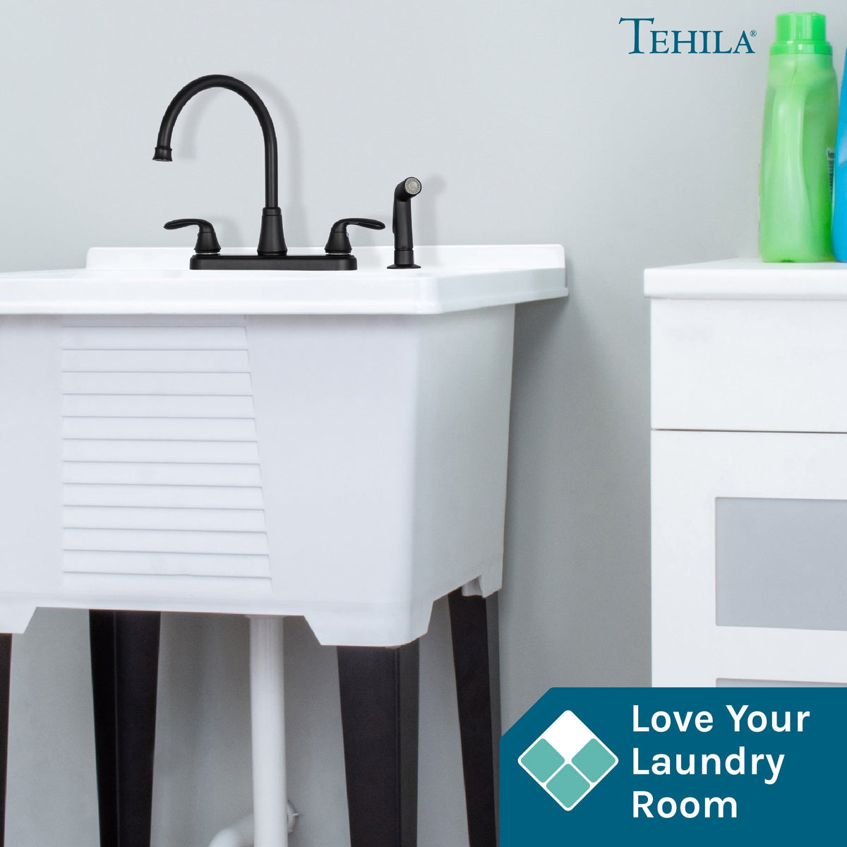 Tehila Black Finish Wide-set Gooseneck Faucet with Side Sprayer