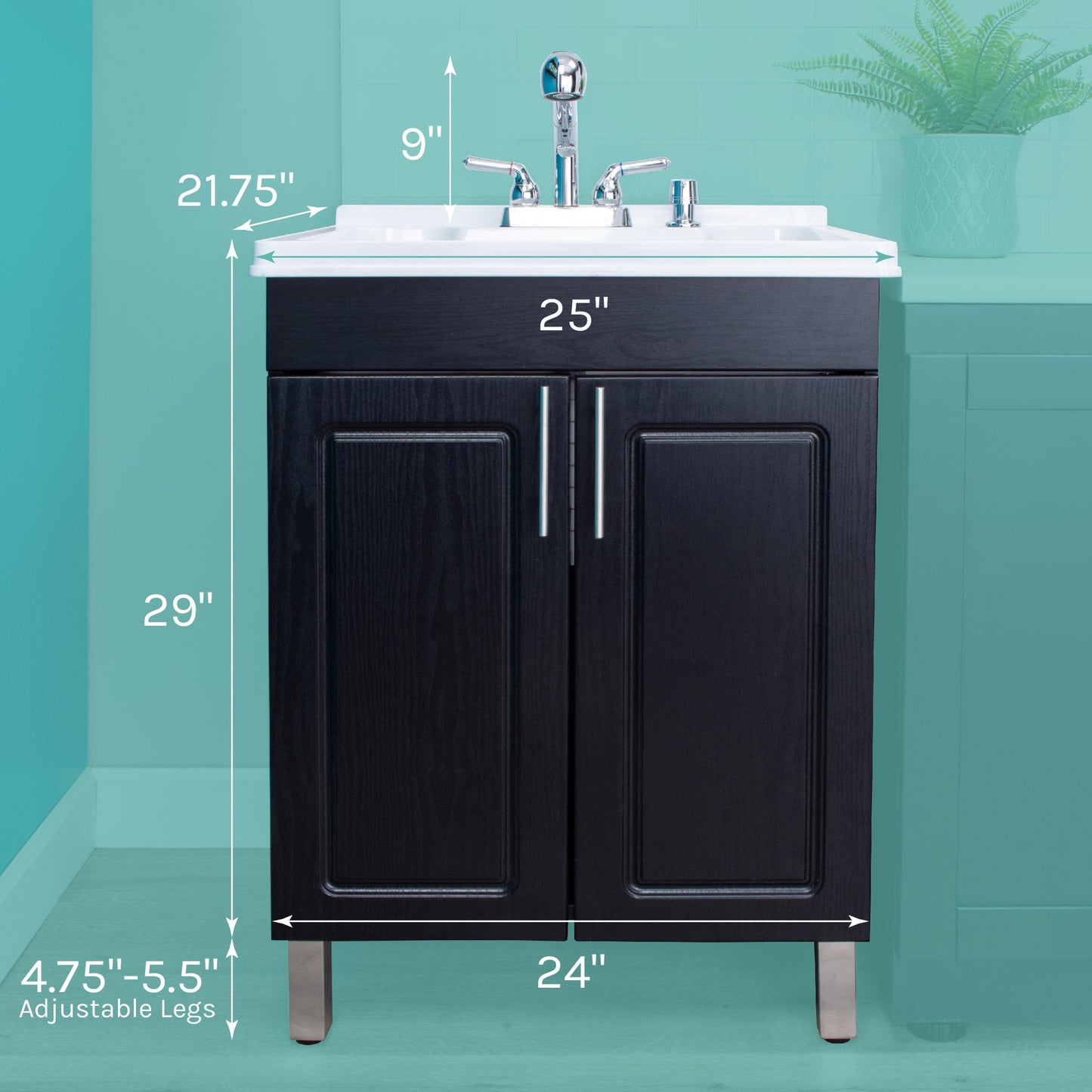 Tehila Black Vanity Cabinet and White Utility Sink with Chrome Finish Pull-Out Faucet