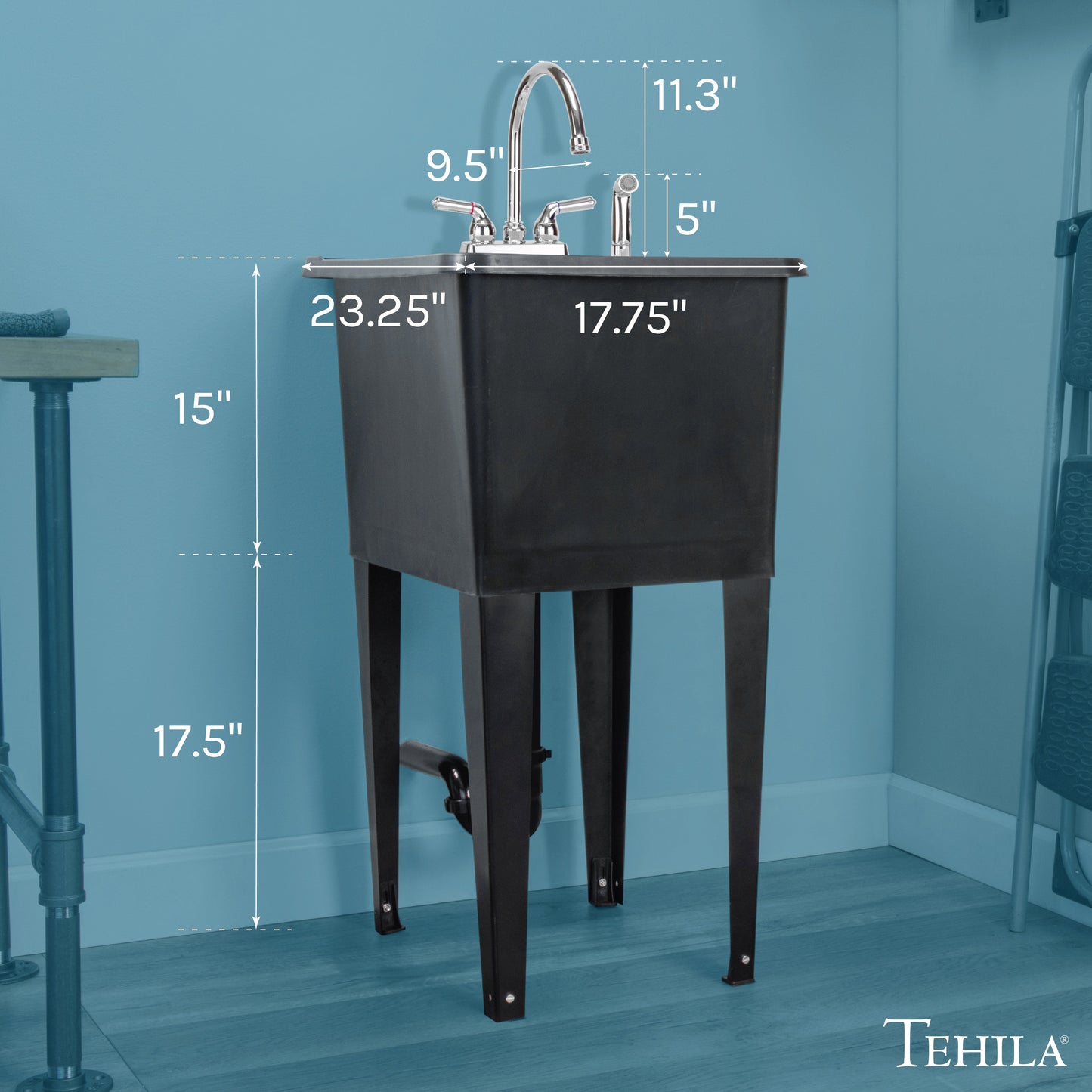 Tehila Space Saver Freestanding Black Utility Sink with Chrome Finish Gooseneck Faucet and Side Sprayer
