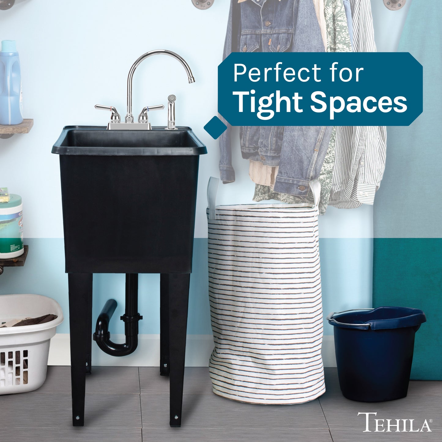 Tehila Space Saver Freestanding Black Utility Sink with Chrome Finish Gooseneck Faucet and Side Sprayer
