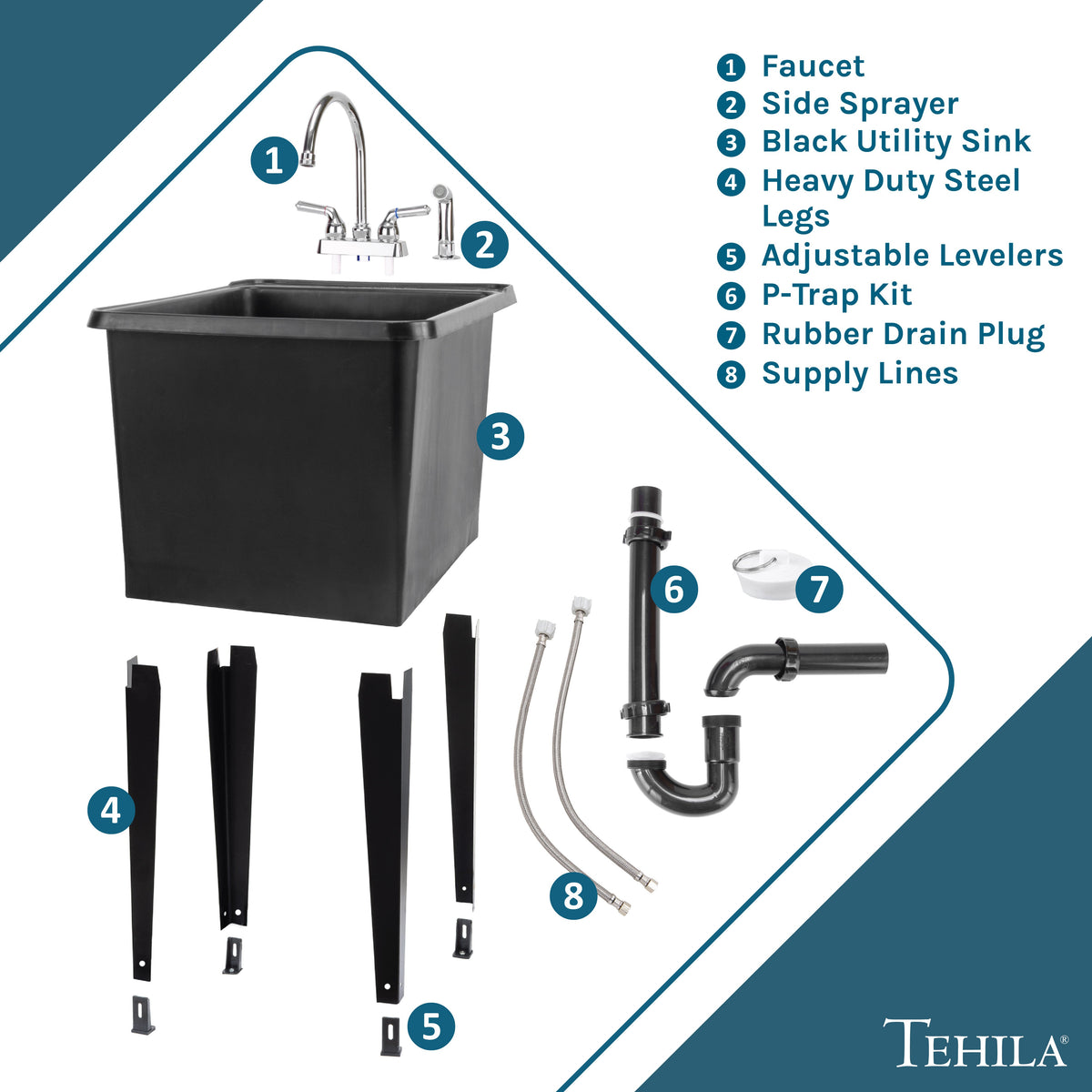 Tehila Space Saver Freestanding Black Utility Sink with Chrome Finish Gooseneck Faucet and Side Sprayer