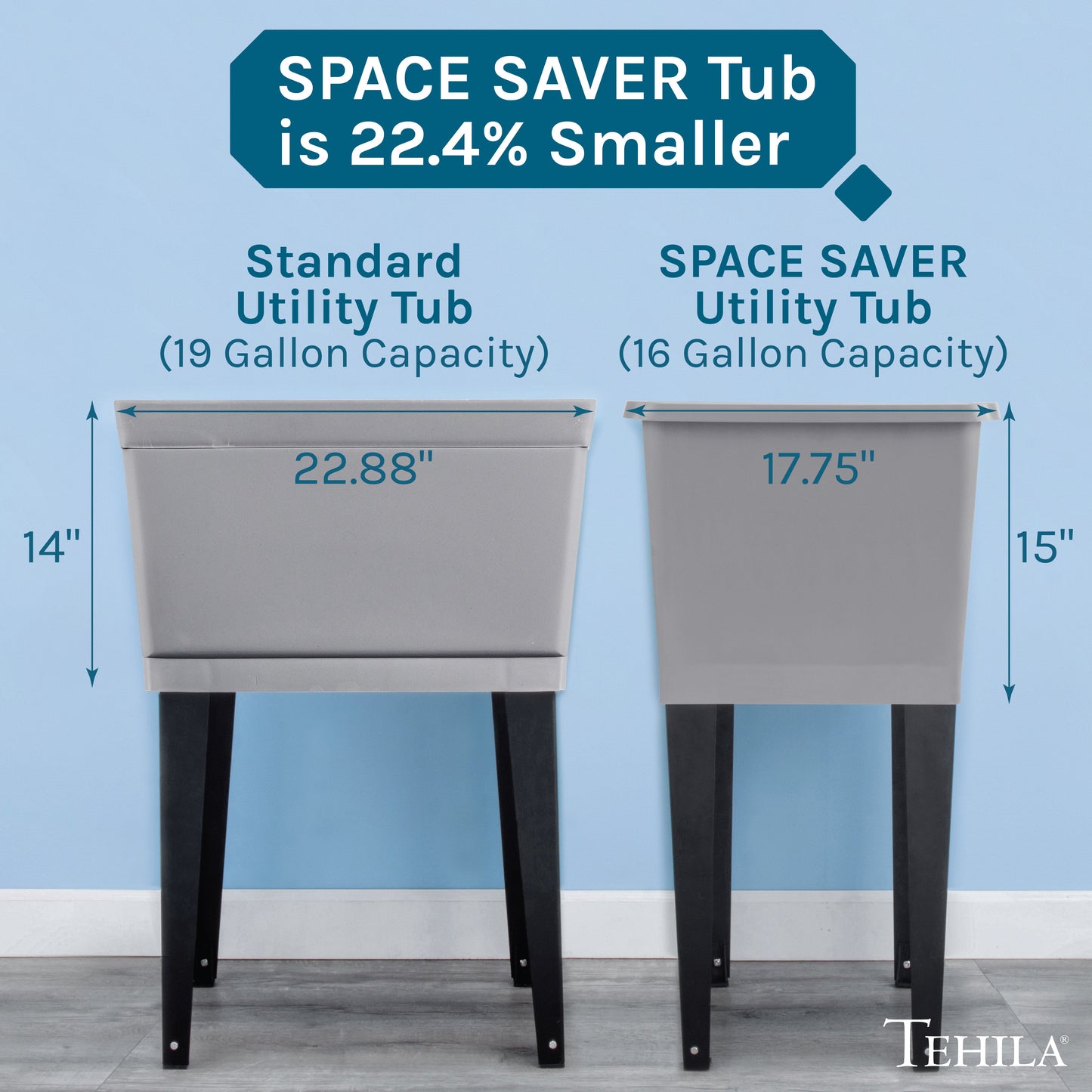 Tehila Space Saver Freestanding Grey Utility Sink with Black Finish Gooseneck Faucet and Side Sprayer
