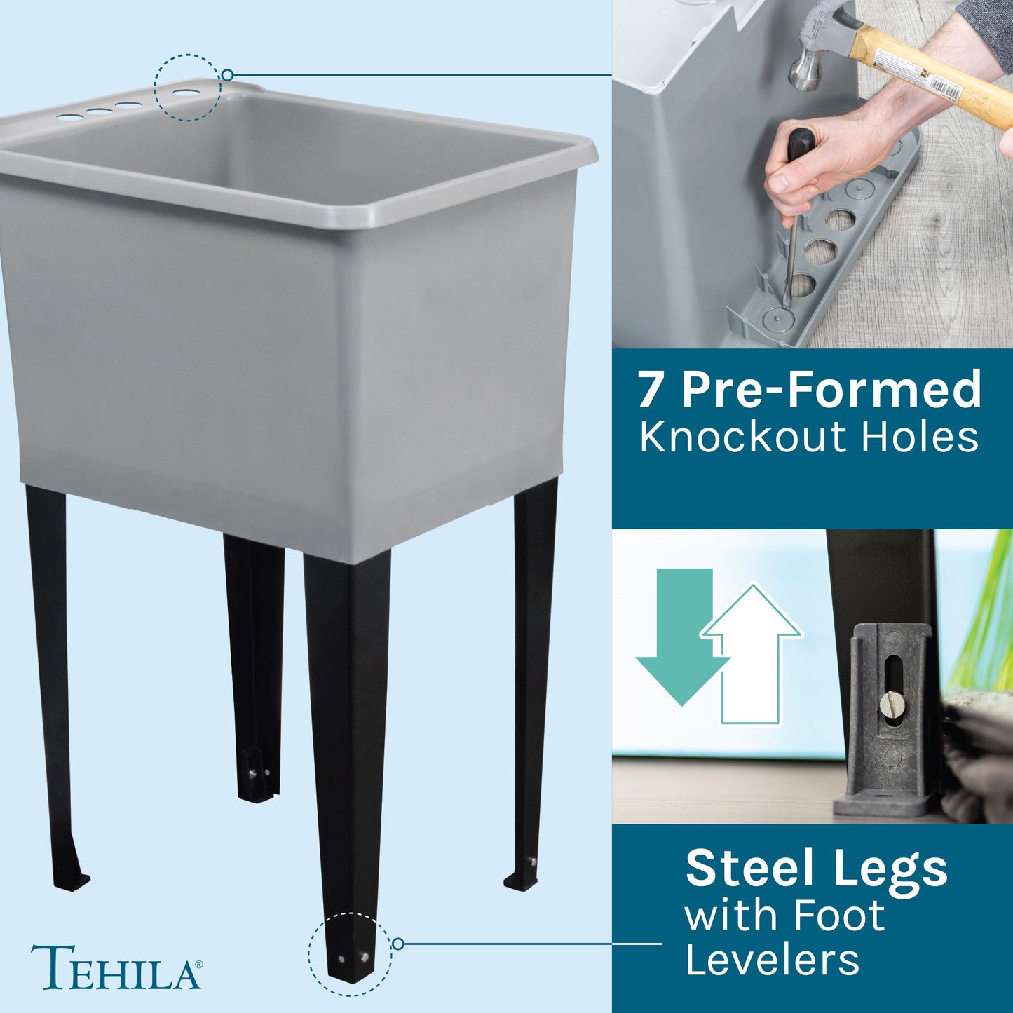 Tehila Space Saver Freestanding Grey Utility Sink with Black Finish Gooseneck Faucet and Side Sprayer