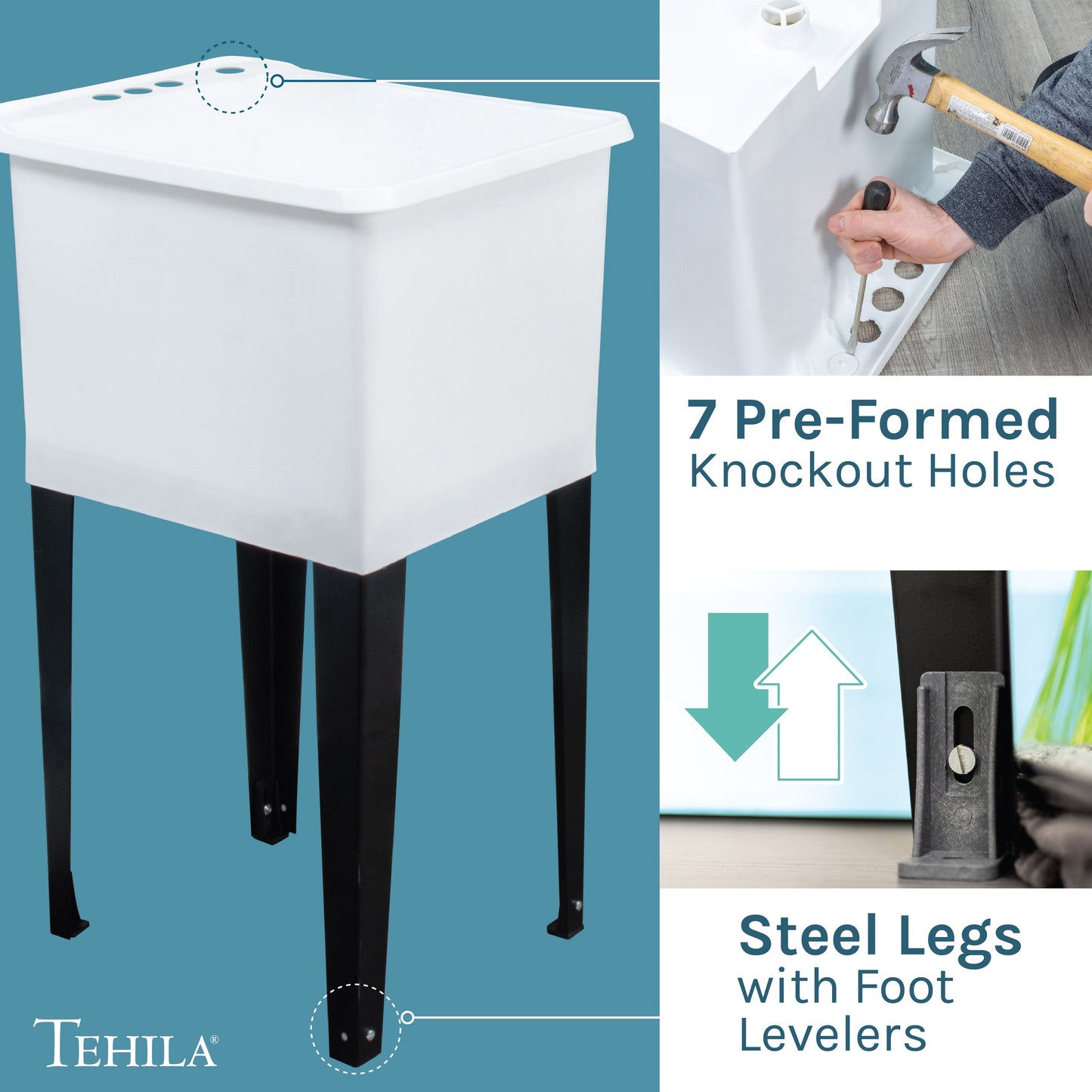 Tehila Space Saver Freestanding White Utility Sink with Stainless Steel Finish Gooseneck Faucet and Side Sprayer