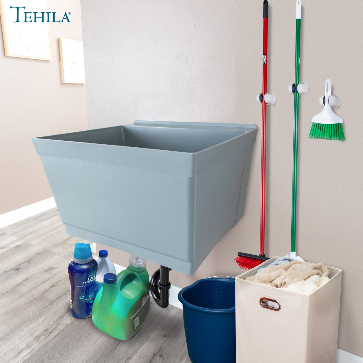 Tehila Standard Wall-Mounted Grey Utility Sink, No Supply Lines