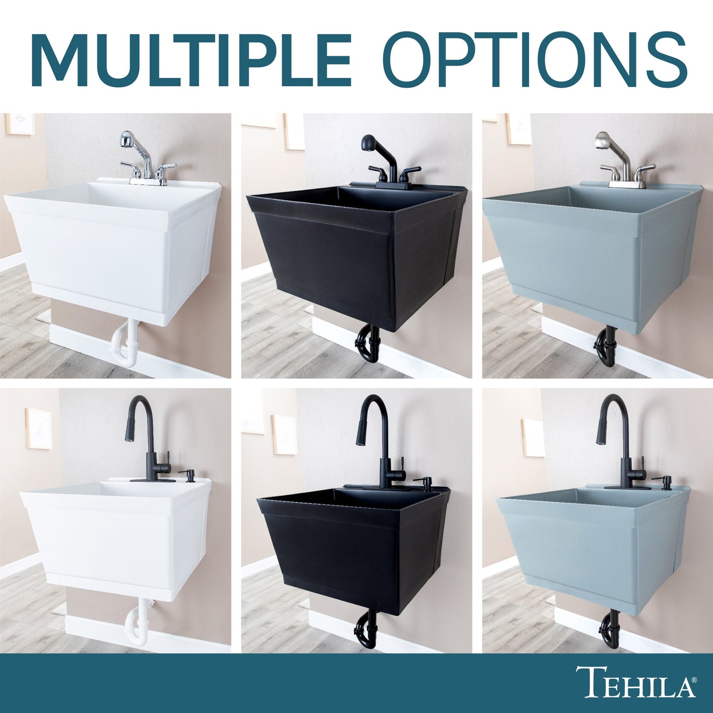 Tehila Standard Wall-Mounted Grey Utility Sink with Black Finish Pull-Down Faucet