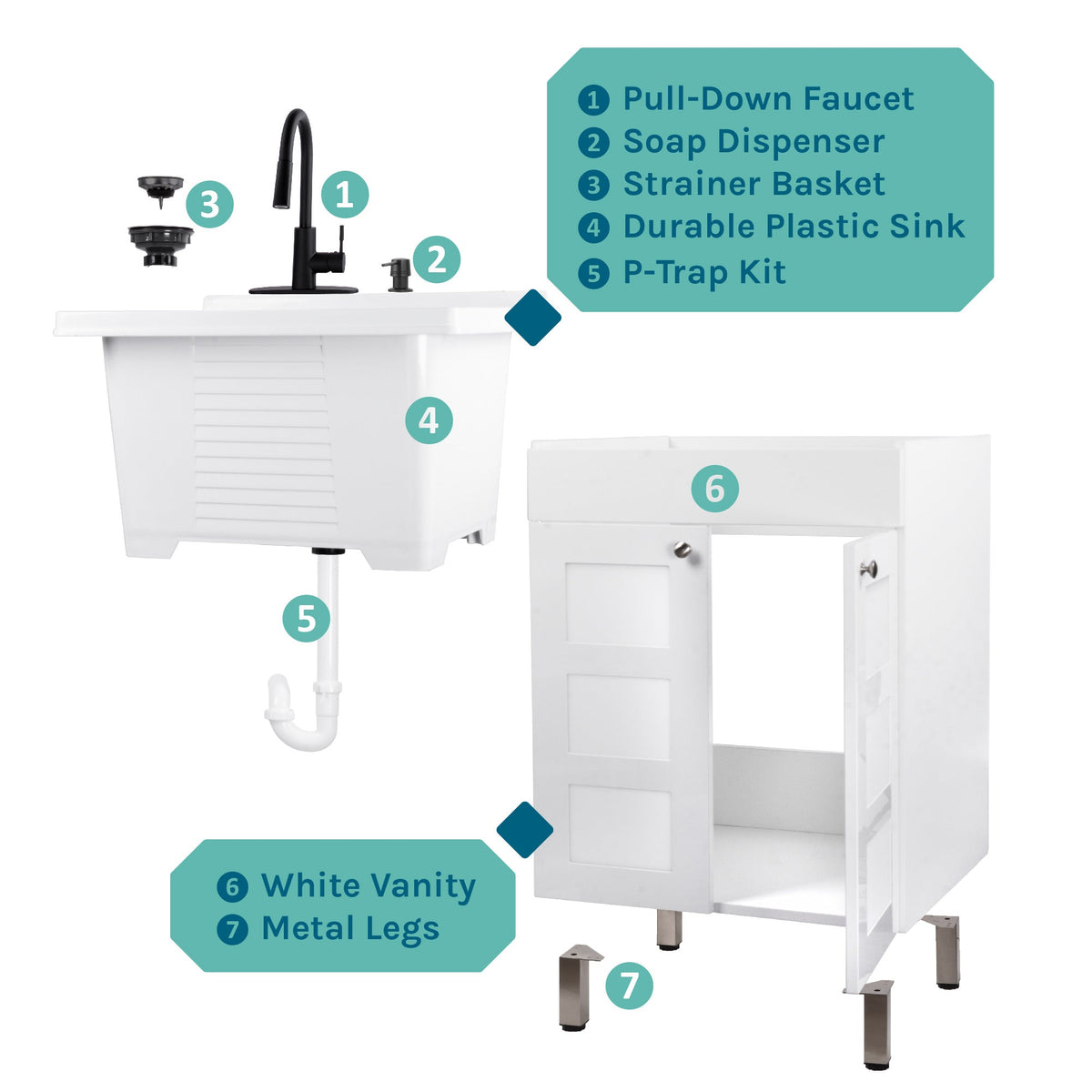 Tehila White Vanity Cabinet and White Utility Sink with Black Finish High-Arc Pull-Down Faucet