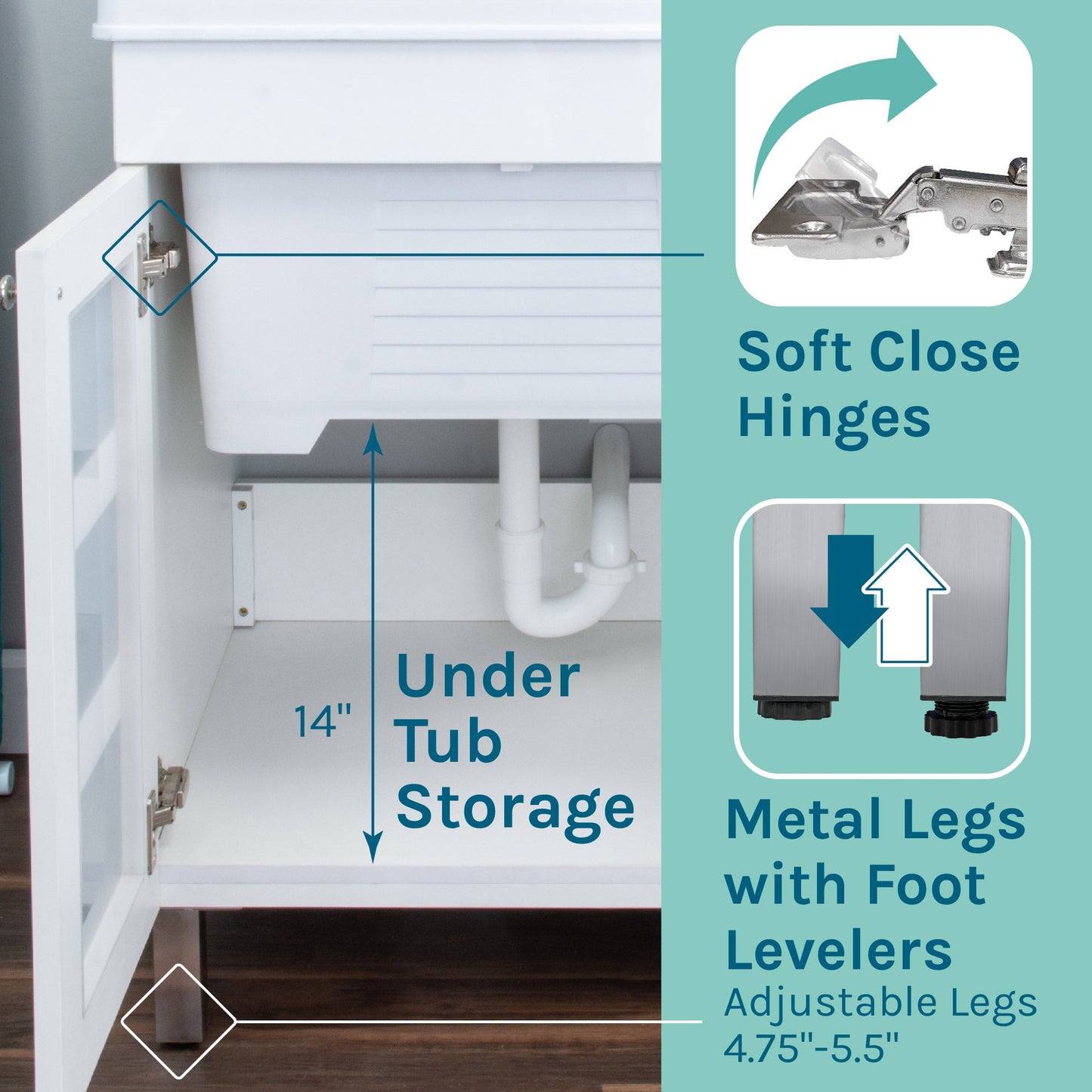 Tehila White Vanity Cabinet and White Utility Sink with Black Finish Pull-Out Faucet