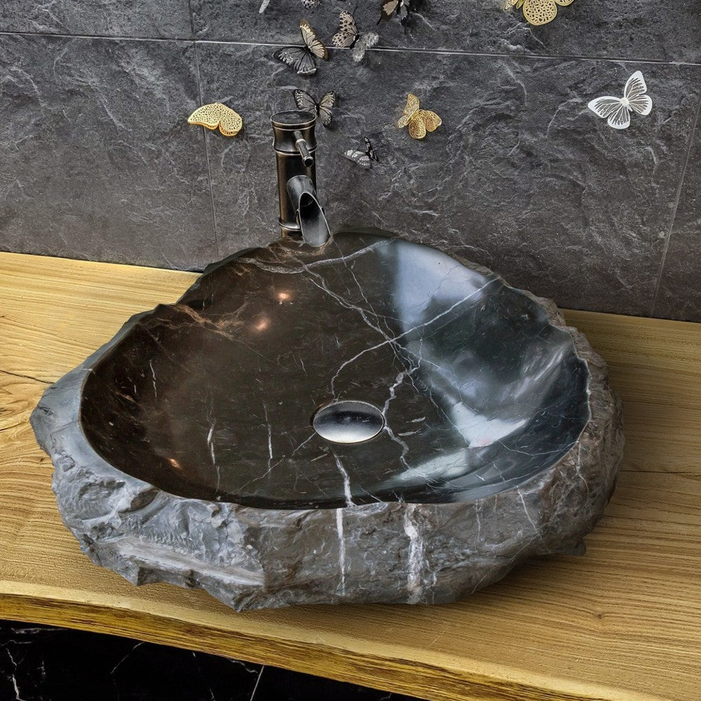 Black Marble Natural Stone Handcrafted Vessel Sink 31 x 23 x 6 Inches Modern Contemporary